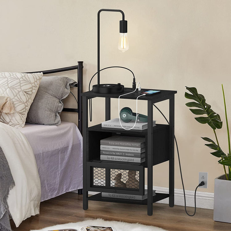 Black Nightstand Set of 2 with Charging Station Modern Bedside Table with USB Ports and Outlets End Table with Storage Metal Drawer for Farmhouse Bedroom Living Room