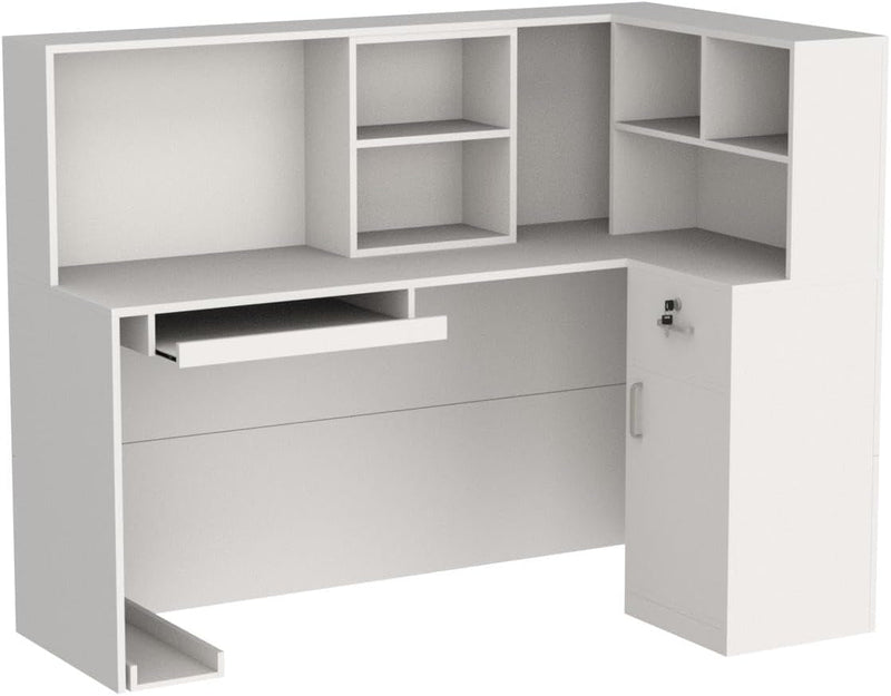 Homsee Reception Desk L-Shaped Office Desk with Counter, 1 Door Storage Cabinet, 1 Lockable Drawer, Hutch Shelf & Keyboard Tray, White