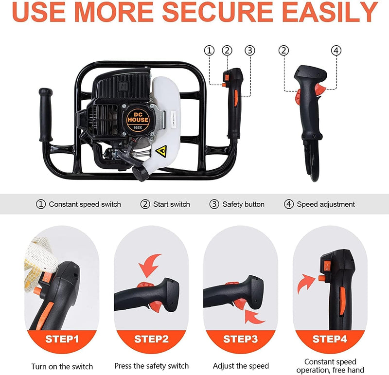 DC HOUSE 52Cc 1800W Gas Powered Earth Auger EPA Certified Post Hole Digger, with 2 Drill Bits 6"10", Mixing Ratio 30:1, for Fence, Farmland and Garden