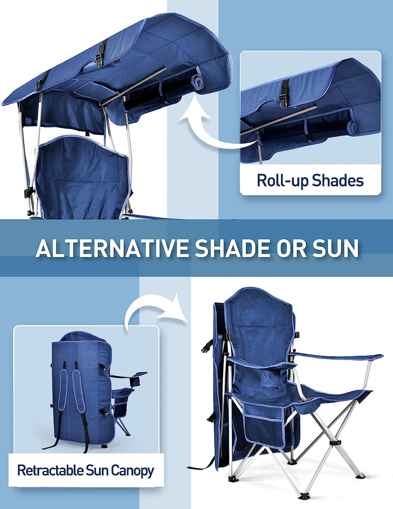 Beach Chair with Canopy Shade, Folding Camping Chair with Canopy with Cup Holder, Side Pocket for Camp, Beach, Tailgates, Fishing - Support 330 LBS