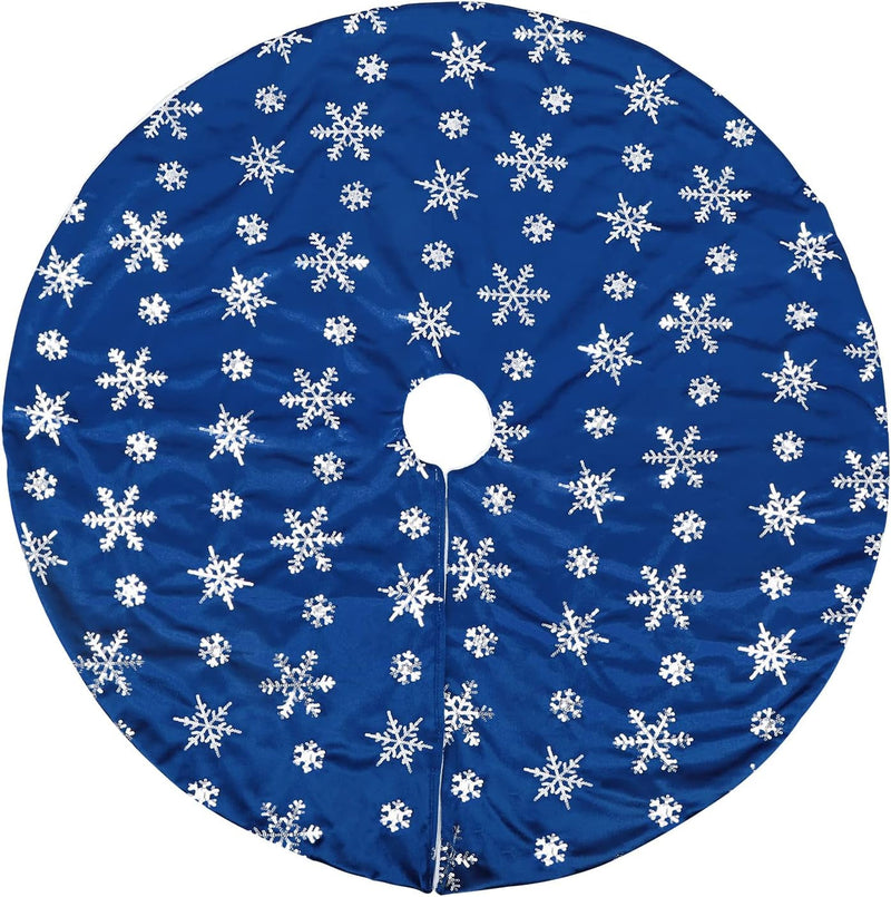 Christmas Tree Skirt, 36 Inches Blue Mercerized Velvet Skirt with Silver Sequin Snowflake for Rustic Xmas Tree Holiday Decorations