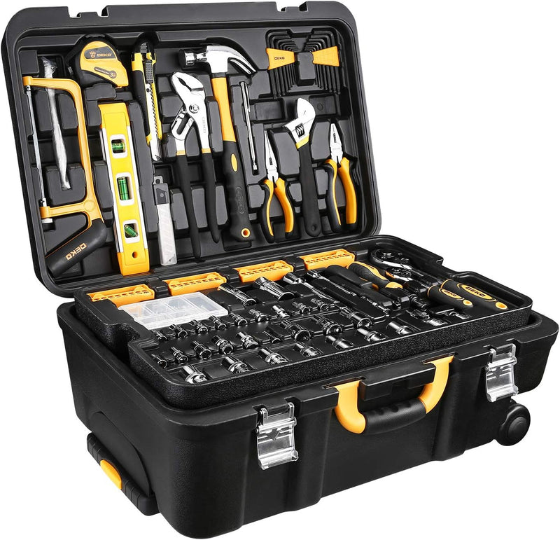 DEKOPRO 258 Piece Tool Kit with Rolling Tool Box Socket Wrench Hand Tool Set Mechanic Case Trolley Portable