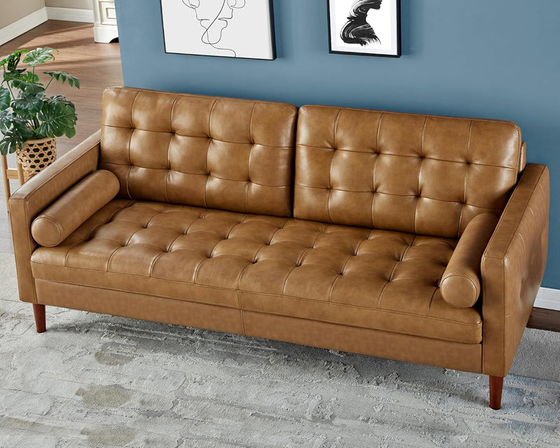 AMERLIFE Leather Sofa, 3 Seater Genuine Leather Sofa, Mid-Century Leather Sofa, Comfy Couch for Living Room-Brown Leather Sofa Couch