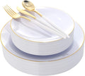 Dayammi 30 Guests Gold Plastic Plates with Disposable Silverware,Gold Cutlery with White Handle,White&Gold Disposable Dinnerware:60 Plastic Plates Gold Rim,90 Plastic Silverware Set for Party Wedding