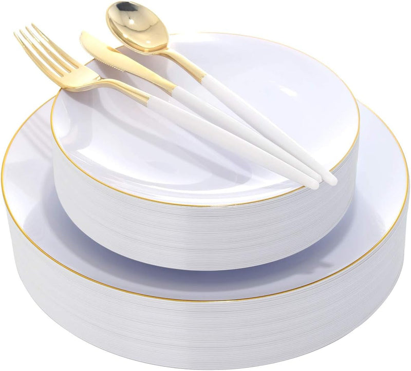 Dayammi 30 Guests Gold Plastic Plates with Disposable Silverware,Gold Cutlery with White Handle,White&Gold Disposable Dinnerware:60 Plastic Plates Gold Rim,90 Plastic Silverware Set for Party Wedding