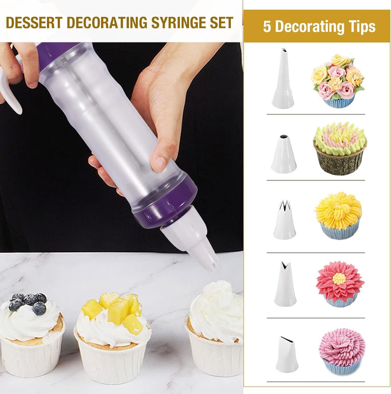 Dessert Decorating Syringe Set, Icing Dispenser Cupcake Filling Injector, 7 Icing Nozzles, 3 Cream Scrapers Frosting Making Dessert Cream Piping Syringe Nozzles Kits for Cake Cookies Decoration