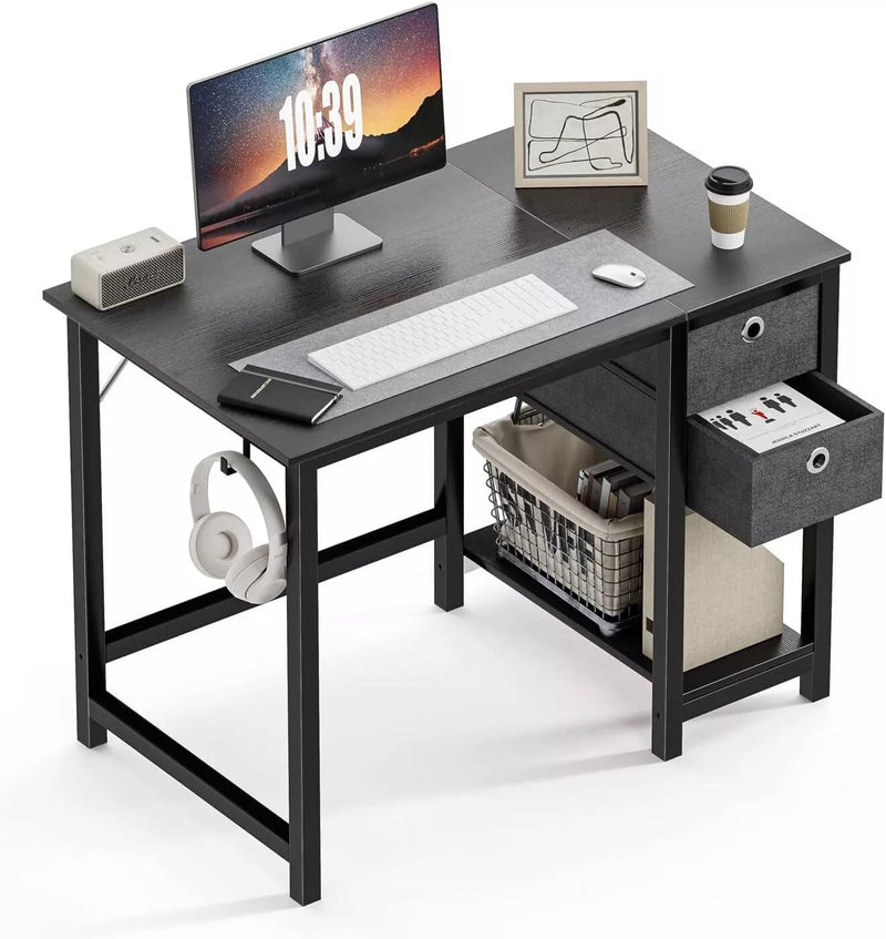 Computer Desk with Drawers, 40 Inches, Home Office Desk, Multi-Layer Storage Rack, Headphone Hooks, Black Chipboard