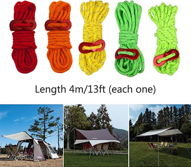 6 Pack Reflective Guyline Tent Rope with Aluminum Adjuster, Tent Kit for Camping Tent & Hiking Accessories - 4Mm Thick and 4 Metre Length