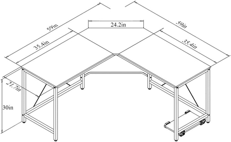 Dlandhome L-Shaped Computer Desk 59 Inches X 59 Inches, Composite Wood and Metal, Home Office PC Laptop Study Workstation Corner Table with CPU Stand, Brown Black and Black Legs, ZJ02-BB