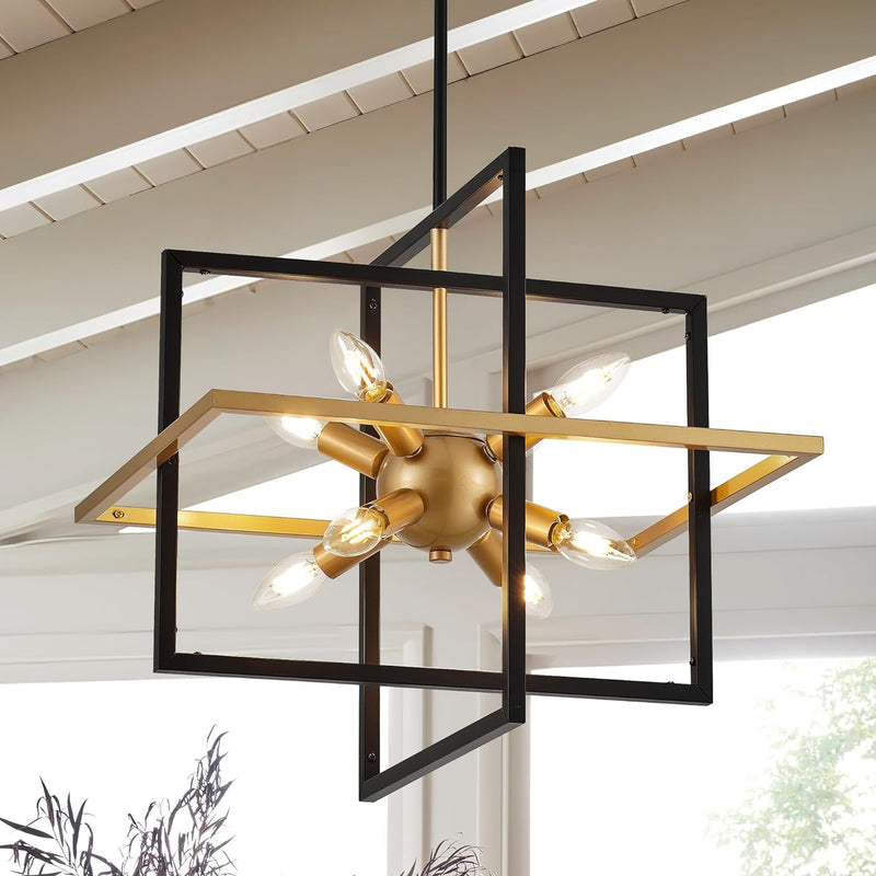 15.8'' Black Gold 8-Light Sputnik Chandelier Modern Industrial Adjustable Hanging Geometric Pendant Light Fixture for Entryway Foyer Stairway Hallway Bedroom Living Room Kitchen Island