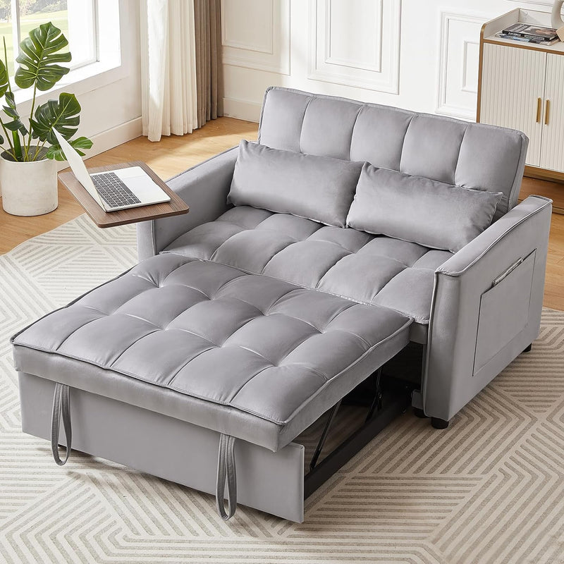 3 in 1 Loveseat Sofa Bed, Pull Out Couch Sleeper with Storage, Full Size Velvet Convertible Chair with 2 Pockets & 2 Pillows for Living Room, Grey