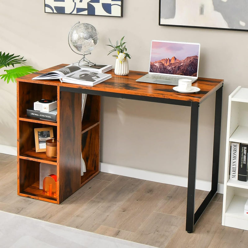 Computer Desk with Storage, Writing Desk with 5 Open Shelves & Metal Frame, Work Desk for Home Office, Study Desk for Bedroom, Small Desks for Small Spaces (Rustic Brown)