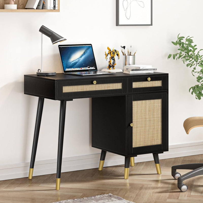 Anmytek Rattan Vanity Desk with Drawers and Storage, Black Makeup Vanity Table Modern Home Office Desk Computer Desk for Study D0005