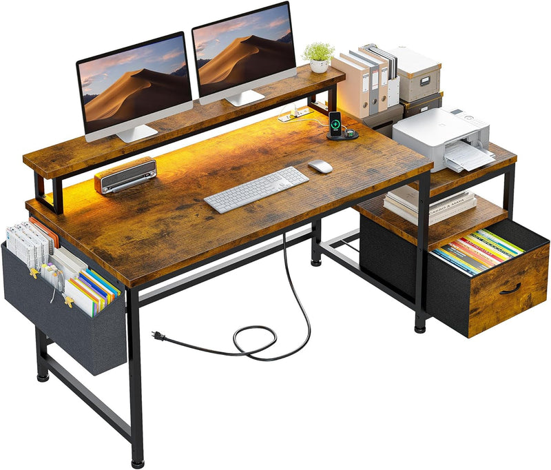 Enhomee 56.5" Computer Desk with File Drawers Cabinet,Home Office Desk with Shelves Monitor Stand,Study Writing Gaming Desk with Power Outlets,Work Table with Printer Space,Rustic Brown