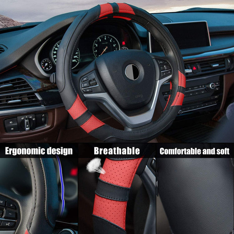 Achiou Black and Red Car Steering Wheel Cover Universal 15 Inch with Grip Contours, Leather Auto for Men and Women Non-Slip Breathable Soft and Comfortable