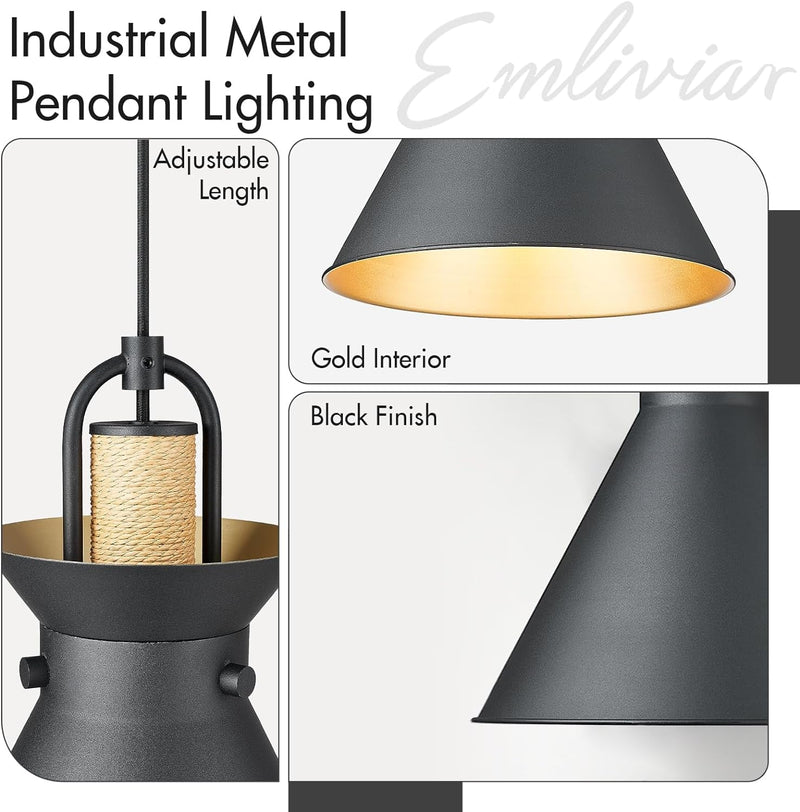 Emliviar 1-Light Hanging Lamp for Bedroom 10.5 Inch, Industrial Pendant Lights Kitchen Island in Black Finish, Dome Metal Lampshade, YSE2MIL BK