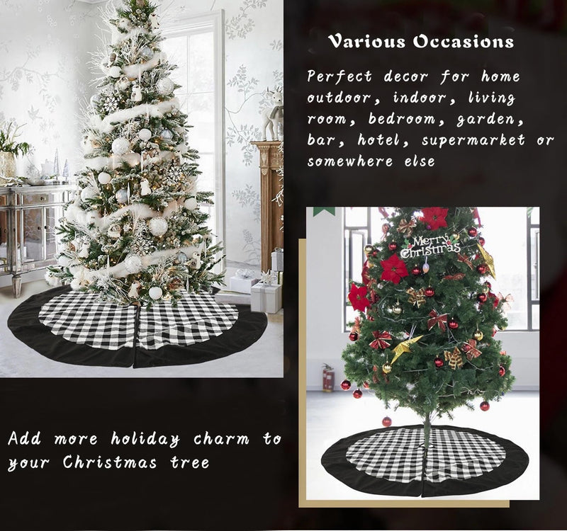 Black and White Buffalo Plaid Check Christmas Tree Skirt 48 Inches, Country Xmas Tree Decorations Tree Skirts Double Layers Holiday Ornaments