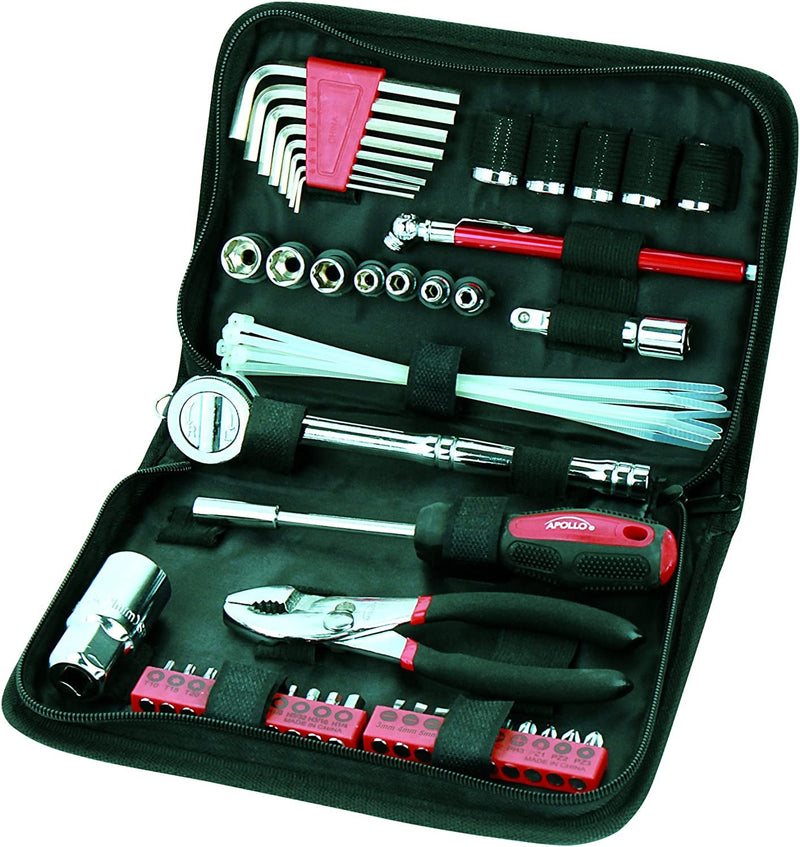 Apollo Tools 56 Piece Compact Metric Auto Tool Set in Zippered Case, Small Mechanic Tool Set for Car, Motorcycle Repair on the Road, Great for Travel - Red - DT9775