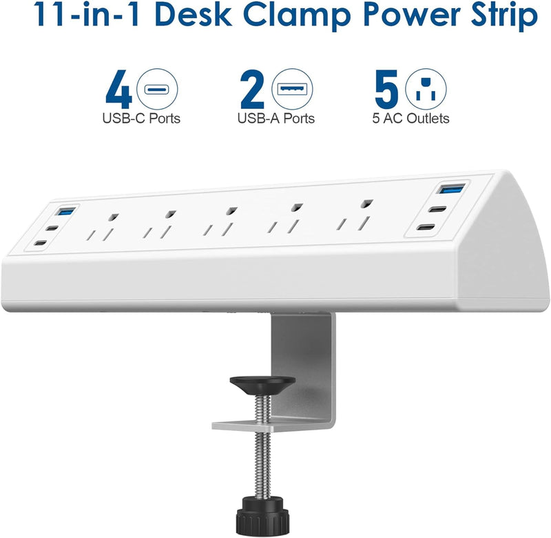 Desk Clamp Power Strip USB C,40W Total Fast Charging Station,4 PD 20W USB C Ports,Nightstand Edge Mount Power Strip with 6 USB Ports 5 AC Outlets Surge Protector,6Ft Cord,Fit 1.6" Tabletop Edge