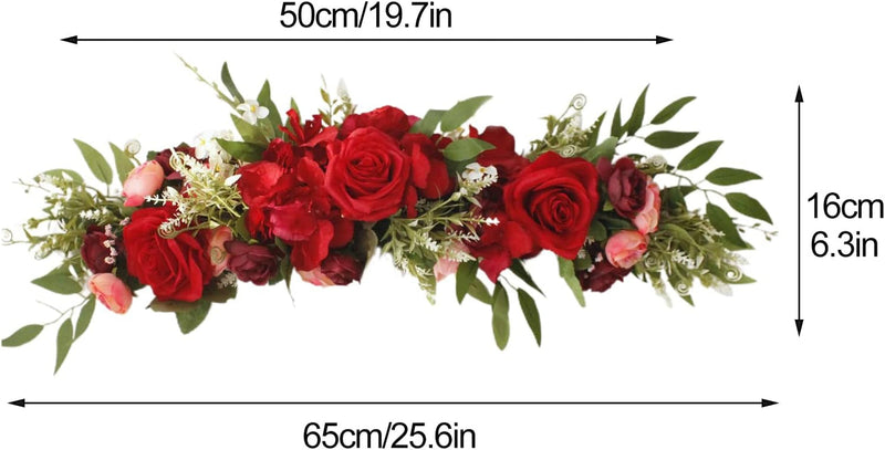 Artificial Peony Red Roses Flowers Swag, 25.6Inch Faux Flower Arch Garland Simulation Door Lintel, Fake Green Leaves and Silk Flowers Wreath for Home Garden Wedding Arch Front Door Wall Decor