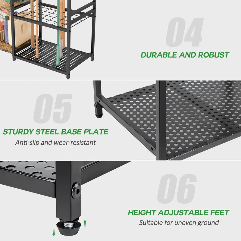 Garage Tool Organizer with 2-Tier Wooden Shelves, Yard Tool Organizer for Garage with 6 Hooks, Heavy Duty Steel Garden Tool Rack Holds up to 35 Long Handled Yard Tools for Storage, Black