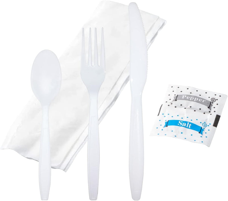 BULK HEAVY WEIGHT Cutlery Individually Wrapped White Plastic Cutlery Knife, Spoon, Fork Pack with Napkin and Salt and Pepper Packets - Extra Strong & Extra Resistant