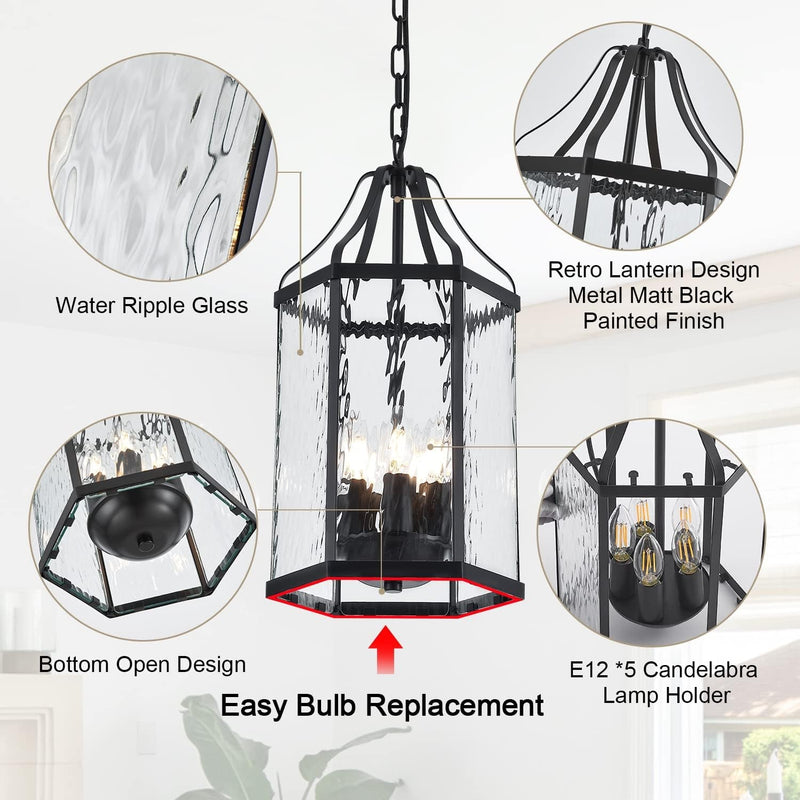 10" Modern 5-Light Exterior Black Lantern Pendant Light Fixture with Clear Rippled Glass Mini Industrial Hanging Cage Chandelier for Outdoor Kitchen Dining Room Hallway Entryway Foyer Porch