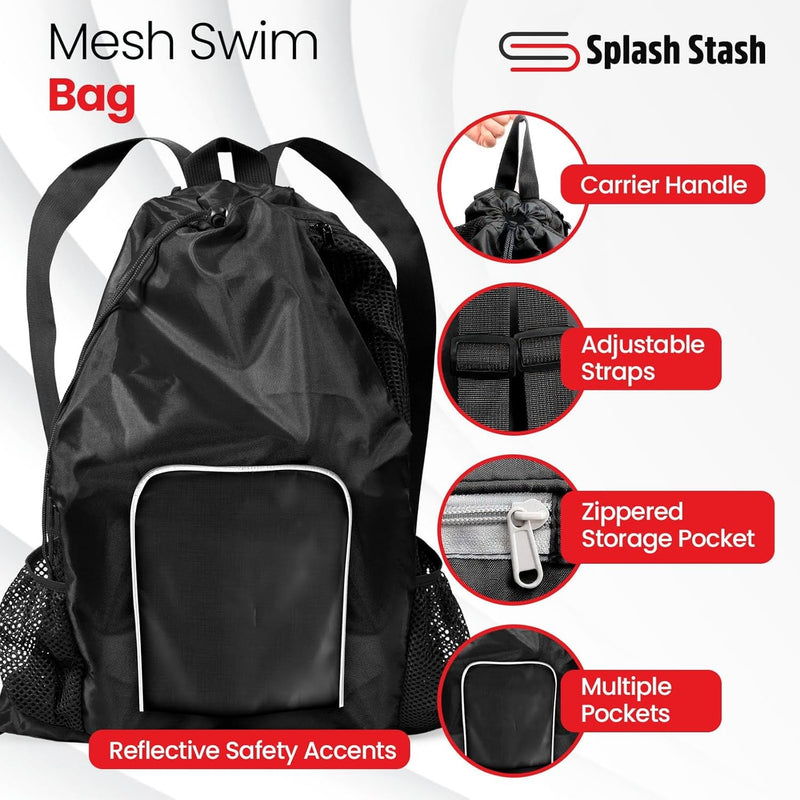 Beach Bag Drawstring Mesh Backpack | for Gym, Swimming, Pool, Sports, Equipment Swim Bag | Wet Bag with Wet & Dry Compartments, Waterproof, Durable | Women/Men | Large 24" Black