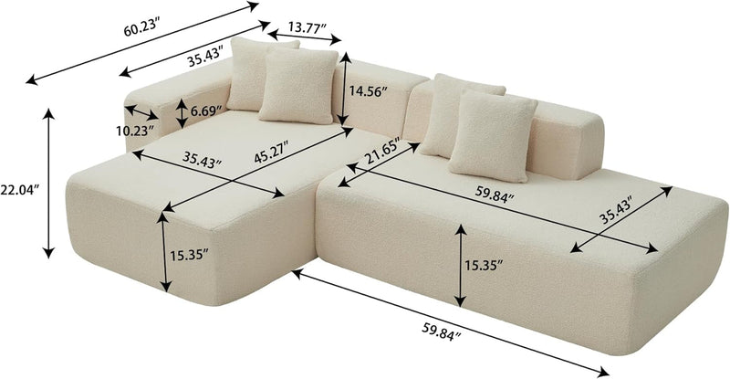 105'' Modular Sectional Couch, Comfy Upholstered L-Shape Sectional Sofa with Chaise Lounge, Lambwool Sherpa Fabric Corner Sofa, 4 Seater Cloud Sofa for Living Room, Bedroom, Apartment, Beige