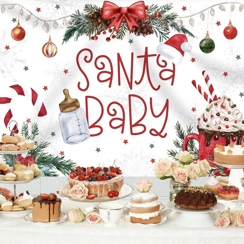 Christmas Baby Shower Backdrop Santa Baby Christmas Photography Background for Kids Newborn Xmas Baby Shower Party Decorations Supplies Cake Table Banner Photo Booth Studio Props 7X5Ft