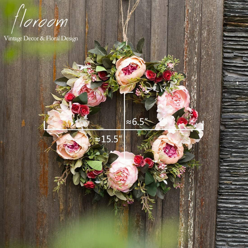 Floral Wreath, Artificial Peony Wreath, 15''-16'' Front Door Decorations Wall Decor