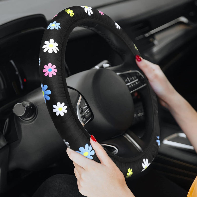 Cute Steering Wheel Cover Flower Steering Wheel Cover Floral Steering Wheel Cover for Women with 4 Pieces Cute Flowers Car Air Vent Clips for Women Car Decorations (Daisy Style)