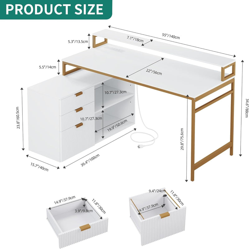 DWVO L Shaped Desk with File Cabinet & Power Outlets, 55" Computer Desk with Drawers, Corner Desk Office Desk with LED Light, White & Gold