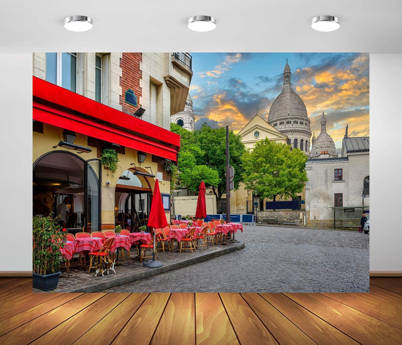 BELECO 10X6.5Ft Fabric Paris Street Cafe Backdrop for Photography Montmartre Cafe Restaurant Cathedral France Landmark Background Paris Theme Party Decorations Portrait Photoshoot Photo Studio Props