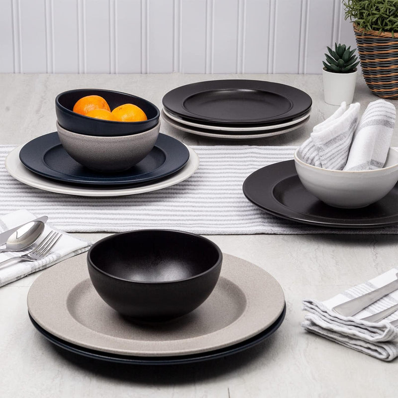 12 Piece Dinnerware Set by Glavers Service for 4, round Black Matte Dishes – High-End Portuguese Quality Stoneware Set – Includes 4 Dinner Plates 4 Salad Plates, and 4 Bowls Dishwasher Microwave Safe.