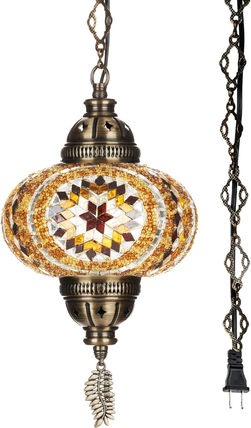 DEMMEX Authentic Turkish Plug in Pendant Light, 6.5" Big Size Globe, Made in Turkey, Turkish Moroccan Mosaic Ceiling Hanging Pendant Light Fixture Lamp, Swag Plug in with 15Ft Cord and Chain