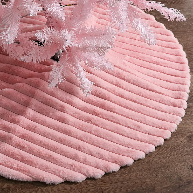 Faux Fur Christmas Tree Skirt: 36 Inch Pink Plush Faux Fur Christmas Tree Skirt with Stripe Textured Pattern, Soft Christmas Tree Decorations for Merry Christmas Home Décor Xmas Party Gifts