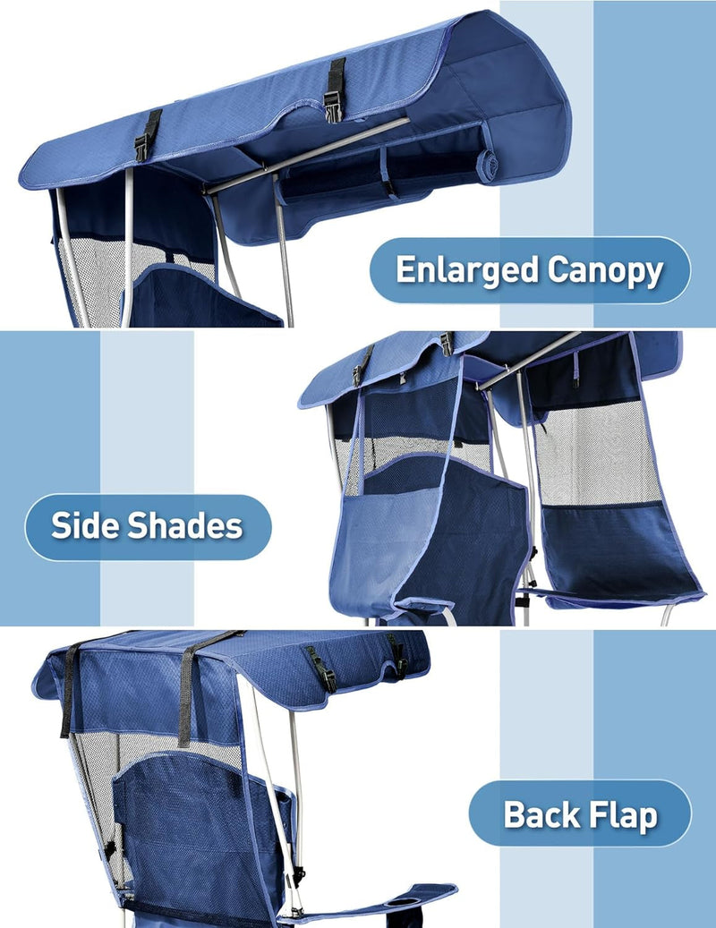 Beach Chair with Canopy Shade, Folding Camping Chair with Canopy with Cup Holder, Side Pocket for Camp, Beach, Tailgates, Fishing - Support 330 LBS