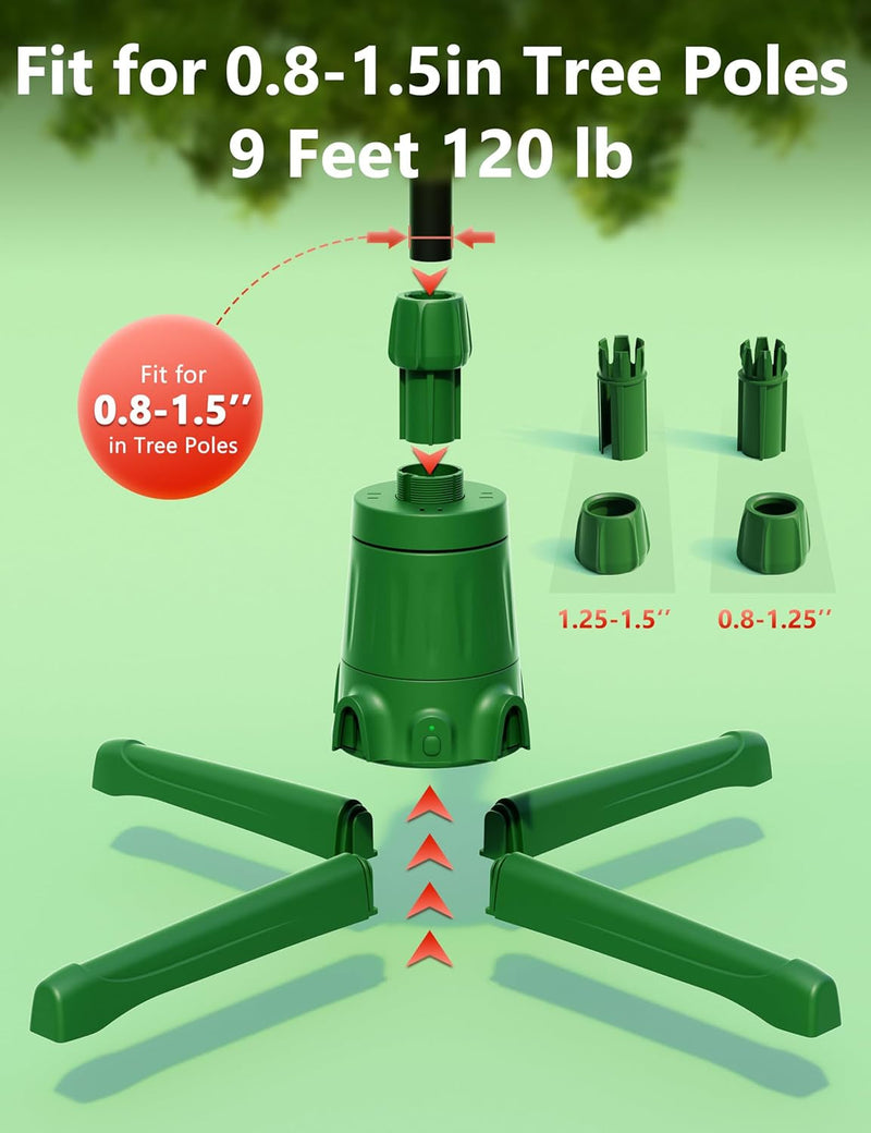 COOLWUFAN 360-Dgree Rotating Christmas Tree Stand for up to 9Ft & 120Lb Artificial Trees, 4 Built-In Power Outlets Base with Remote Control, Sturdy Revolving Holder for 7.5Ft Xmas Tree, Green