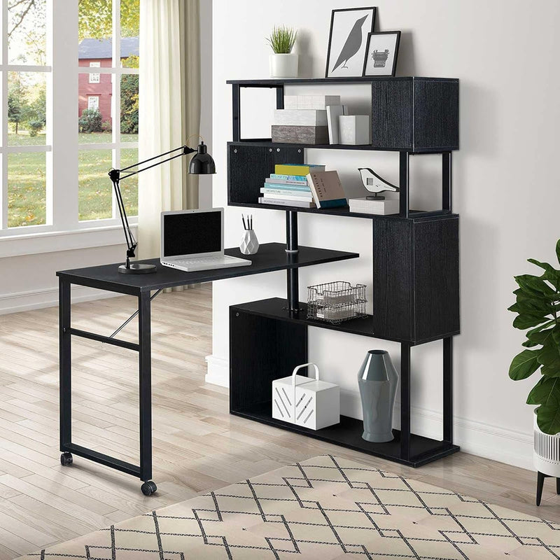 Home Office Desk, L-Shaped Rotating Corner Computer Table with Bookcase Display