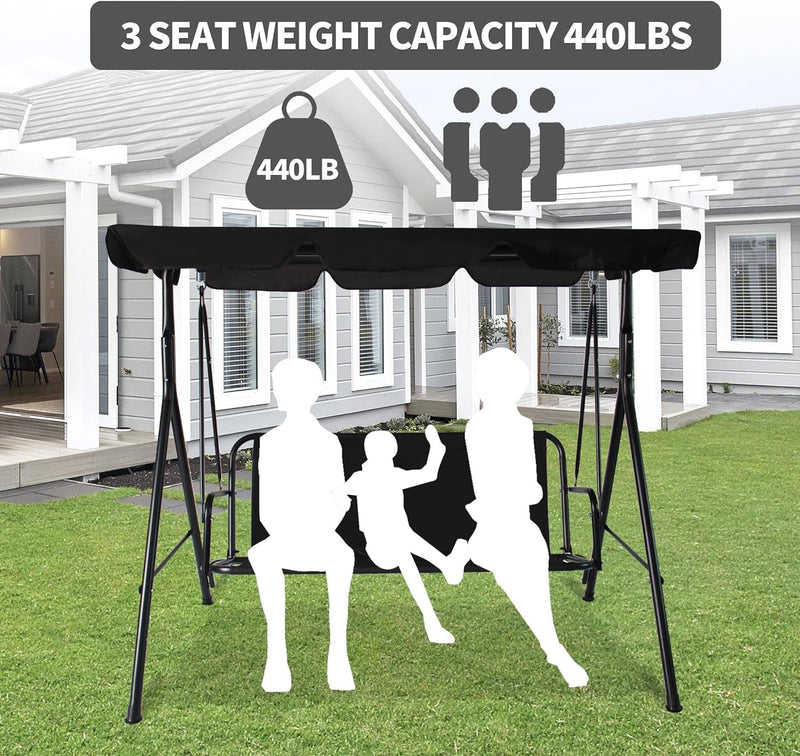 3-Seat Patio Swing Chair,Outdoor Porch Swing with Adjustable Canopy and Durable Steel Frame for Patio, Garden, Poolside (Black)