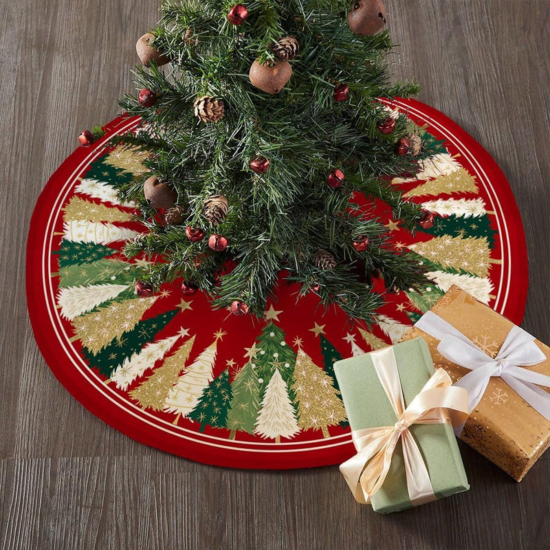 CROWNED BEAUTY Christmas Tree Skirt Collar 48 Inch Xmas Pine Trees Soft Farmhouse Holiday Decoration (Red & Green) TS31