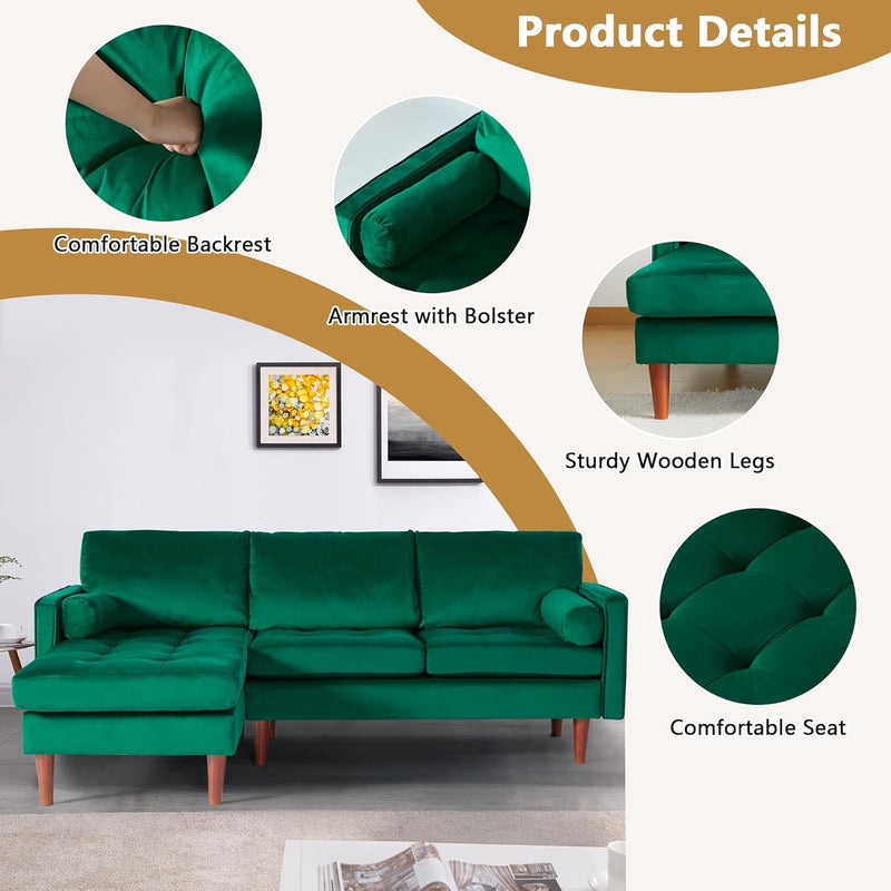 Convertible Sectional Sofa Couch, Upholstered Velvet L Shaped Couch with Chaise, Modern 3 Seat Sectional Couch for Living Room Apartment Small Space (Green)