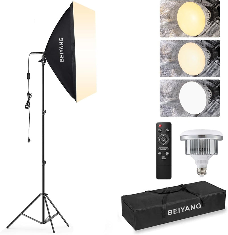 BEIYANG Softbox Lighting Kit, 2X20''X28'' Photography Soft Box with 2 Pcs 85W 6000K E27 LED Socket LED Bulbs, Studio Lights for Photography/Video Recording/Live Streaming