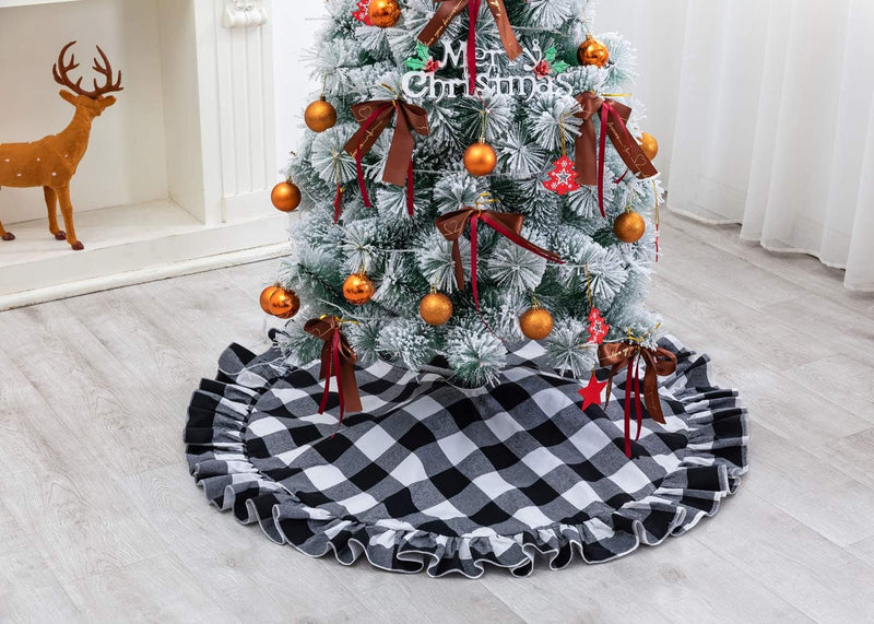 48 Inch Buffalo Plaid Christmas Tree Skirt Large Black White Plaid Tree Skirt Xmas Ornaments for Christmas Holiday Party Decorations (Ruffle-Black White)