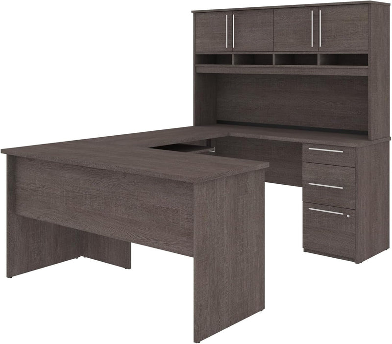 Bestar Innova U or L-Shaped Desk with Hutch, Bark Grey