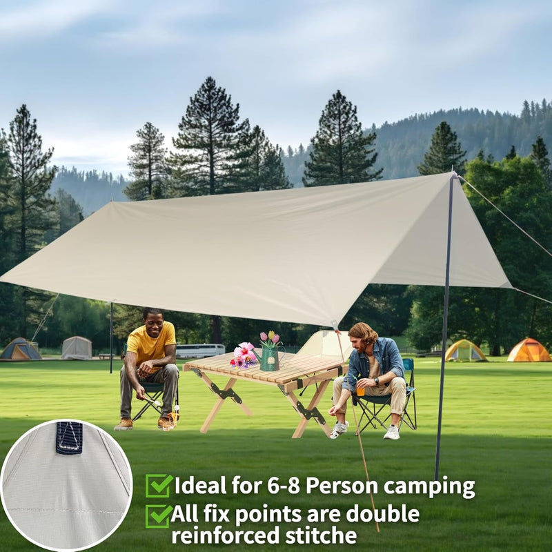 DANCHEL OUTDOOR Portable Tent Tarp Oxford Fabric with 2 Poles, Waterproof Rain Fly Shelter Awning Tent Canopy for B2 Yurt Glamping Accessories, Khaki 9.8X13Ft