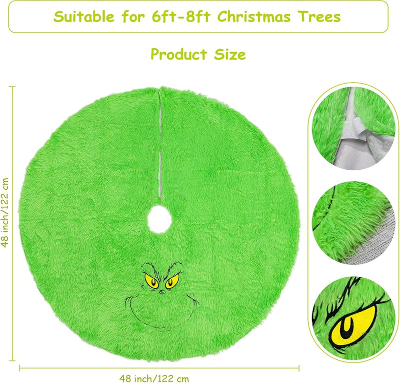 48 Inch Green Christmas Tree Skirt for 6-7 Ft Tree Soft Plush Faux Fur Christmas-Tree-Skirt Funny Velvet Farmhouse Tree Skirt Decorations for Helloween Xmas Holiday Party