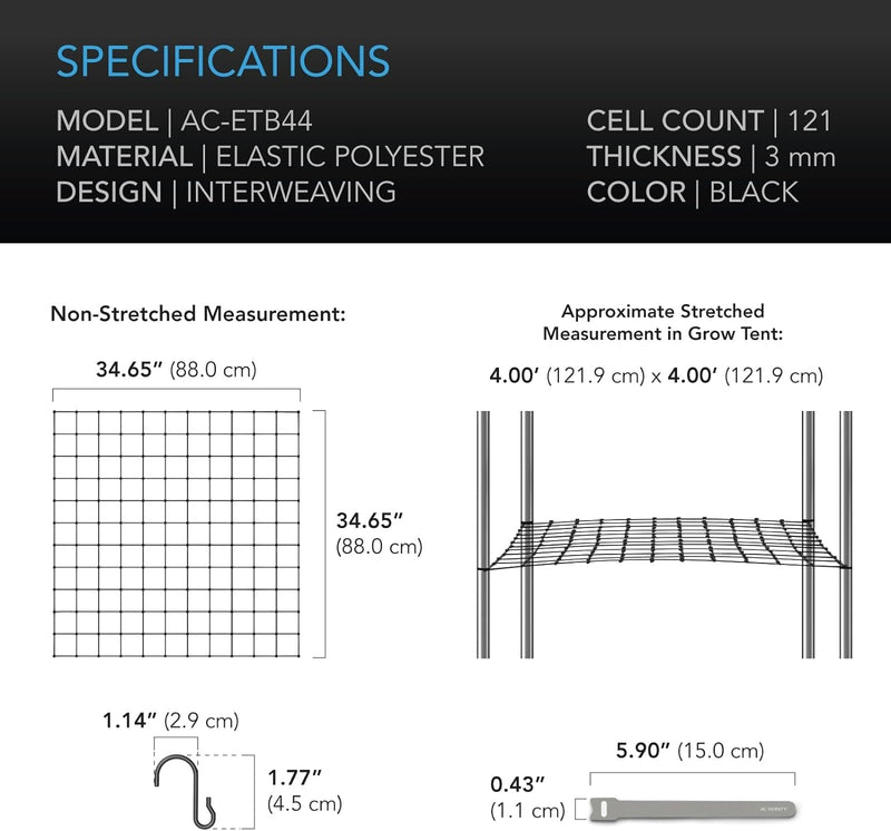 AC Infinity Grow Tent Trellis Netting 4X4', Heavy-Duty Elastic Plant Net with Steel Hooks, Flexible Hydroponics Support for Grow Tents, Gardening, and Horticulture