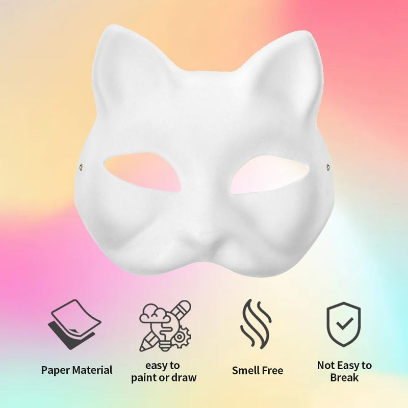 10PCS Cat Mask Therian Masks, White Paper Pulp Blank Cat Masks to Paint Blank Animal Dress up Masks DIY White Masks Half for Masquerade Halloween Kids Cosplay Masks Costume Party Favors